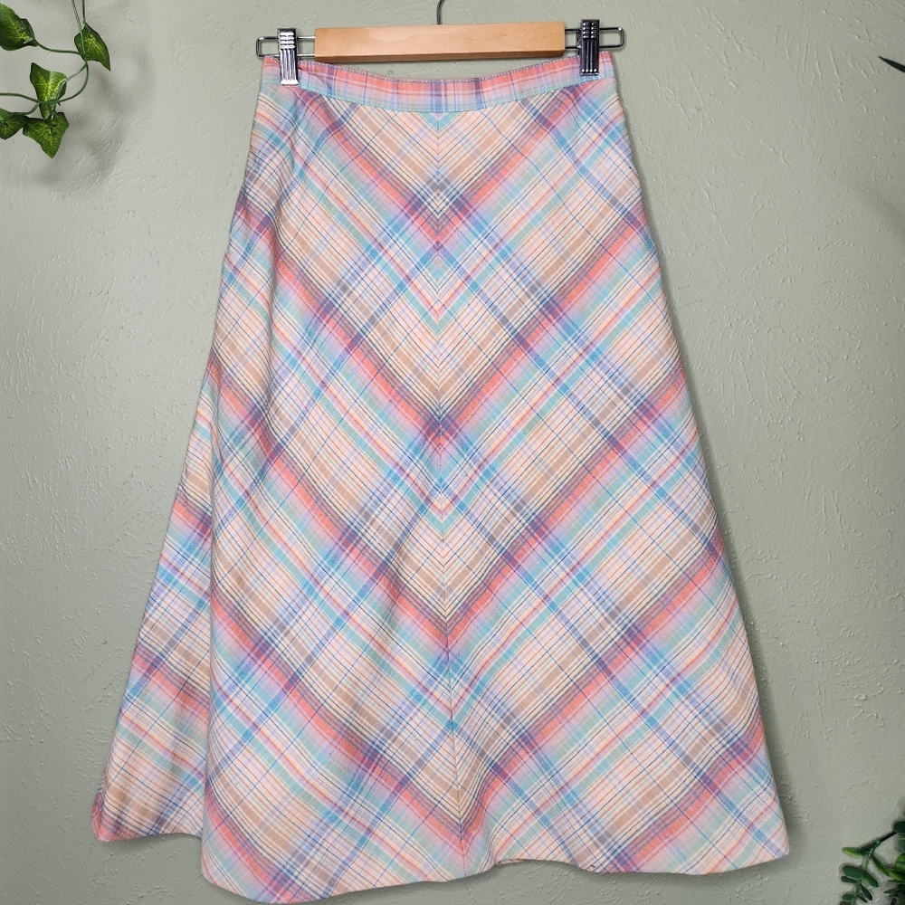 Vintage Mr. Beau Pastel Plaid A-Line Skirt High Waist Cotton-Linen Feel Lined